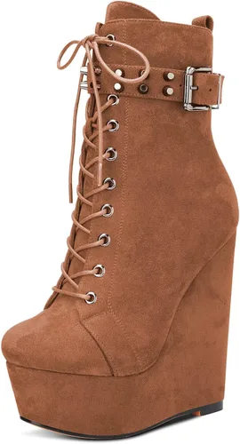 Vista 19 de HDEUOLM Botas de tobillo con tacón de plataforma de cuña alta para mujer, botines cortos con cordones y cremallera Negro