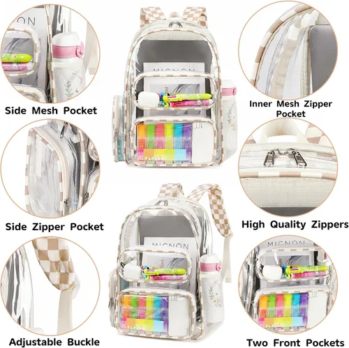 Vista 147 de CAMTOP Mochila transparente resistente y transparente para estudiantes, escuela, trabajo, festival, viajes, deportes, Beige, Mediana, Camtop Mochila
