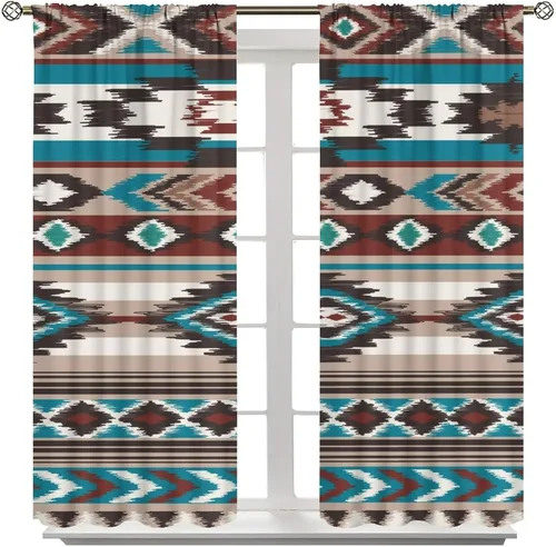 Vista 23 de Cortinas con patrón geométrico tribal, estilo suroeste, azteca, rústico, occidental, nativo americano, opacas, con bolsillo para barra, decoración