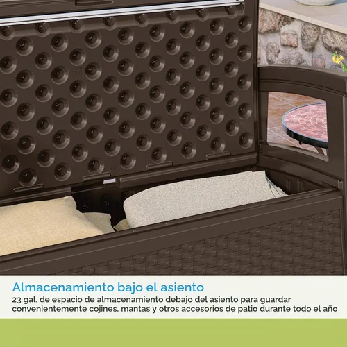 Vista 5 de Suncast Banco de mimbre para exterior con almacenamiento de 23 galones, asientos cómodos para dos, respaldo ergonómico, muebles para todo