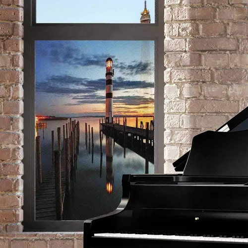 Vista 3 de Lámina de privacidad para ventana de faro, faro tranquilo al atardecer en la bahía y paseo marítimo de madera, reflejos sobre nubes de agua, Color2