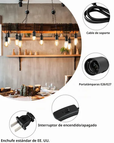 Vista 2 de HESSION - Cable de extensión colgante para farol, cable de lámpara de 5.9 pies, máximo 360 W, interruptor de encendido/apagado E26/E27, iluminación