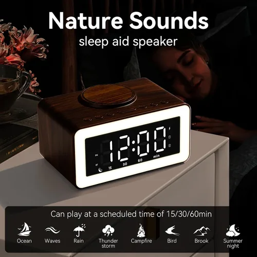Vista 6 de Reloj despertador de madera con altavoz Bluetooth con carga inalámbrica, atenuador de brillo ajustable 0-100%, 2 alarmas, repetición de 9 minutos