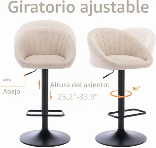 Vista 5 de Juego de 2 taburetes de bar giratorios ajustables, tela de rizo beige