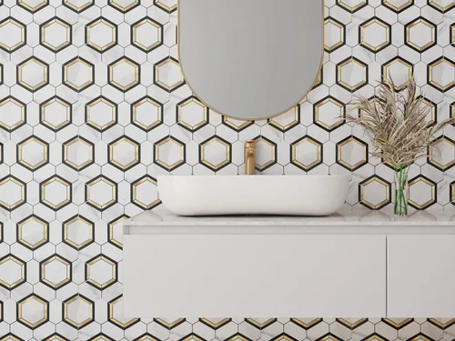 Vista 3 de Azulejos hexagonales para salpicaduras de pelar y pegar, mármol blanco con oro, PVC mezclado de metal de 10 hojas, azulejos hexagonales para cocina