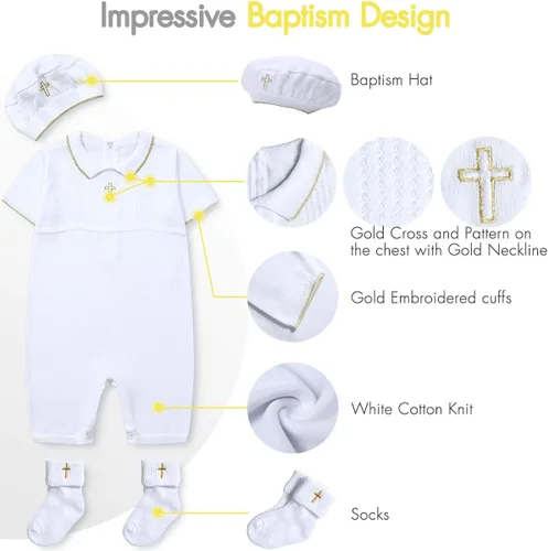 Vista 4 de HAPIU Traje de bautismo para bebé niño con sombrero y calcetines, traje de bautizo con detalle de cruz
