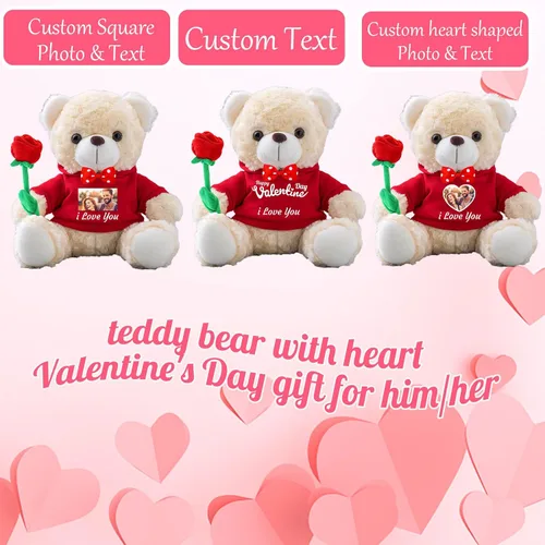 Vista 2 de Oso de peluche personalizado con foto y texto personalizado, oso de peluche de San Valentín con rosa y lazo para ella como regalo personalizado