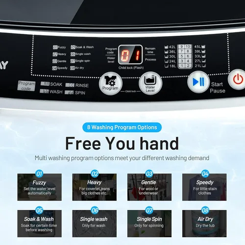 Vista 2 de COSTWAY - Lavadora portátil con capacidad de 11 libras, lavadora completamente automática con 8 programas de lavado, pantalla LED, 10 niveles