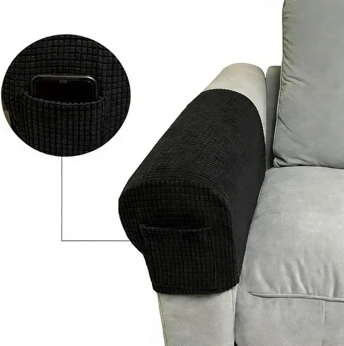 Vista 4 de Juego de 2 fundas elásticas para brazos de sofá con bolsillo, fundas extraíbles antideslizantes para reposabrazos para sillón reclinable y sillones