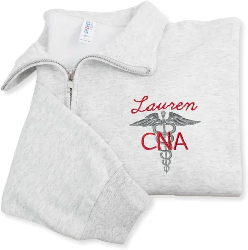 Vista 13 de COUPLEHOODIES - Sudadera de enfermería bordada con nombre, personalizada, con cremallera de un cuarto, regalo para asistente de enfermería