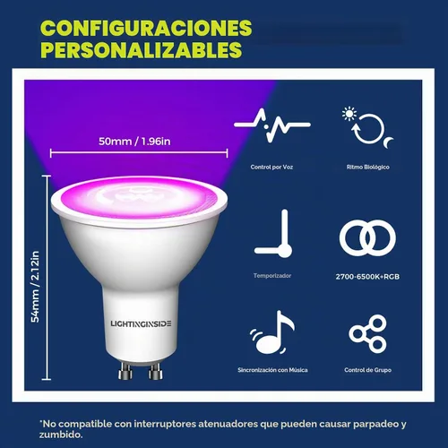 Vista 6 de Lightinginside Bombillas inteligentes GU10 50W, ángulo de haz de 38° RGBCW