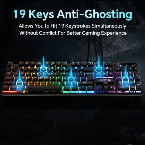 Vista 5 de CHONCHOW - Combo de Teclado y Ratón para Juegos, USB con Cable RGB Retroiluminado, Teclado Mecánico con Sensibilidad Anti-ghosting 3200DPI y Ratón