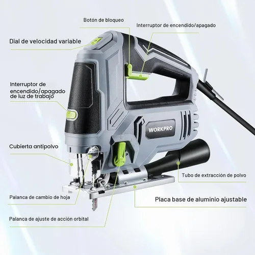 Vista 2 de WORKPRO Sierra de Calar, 6.5AMP 850W Kit de herramientas de sierra de calar eléctrica con cable con 6 velocidades variables, 7 cuchillas, corte