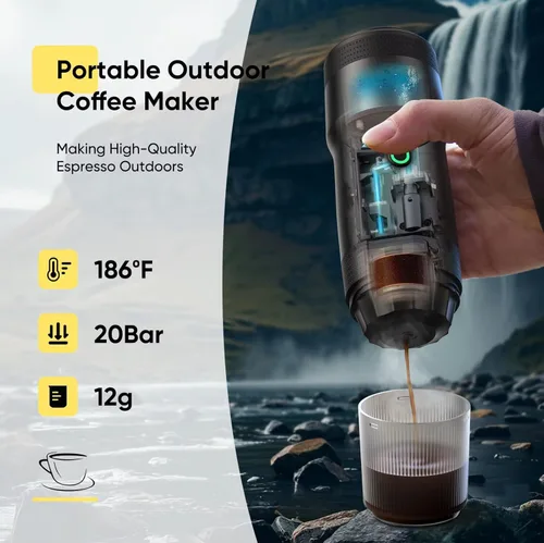 Vista 4 de Cafetera espresso portátil para viajes con estuche – Cafetera de viaje autocalentable con USB-C, compatible con café molido, cápsulas NES y DG