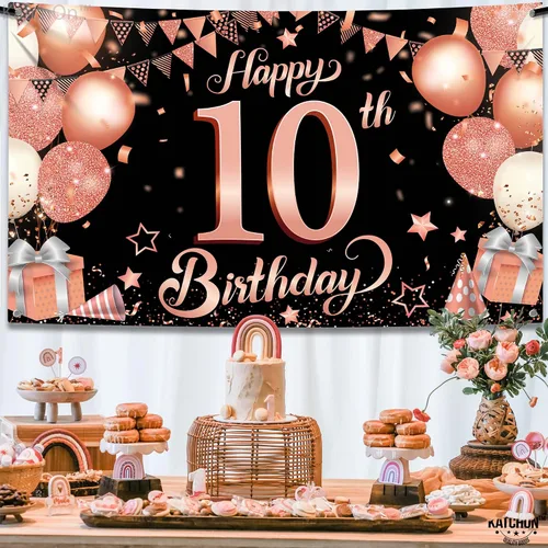Vista 6 de KatchOn Cartel de cumpleaños número 10 de oro rosa - XL, 72 x 44 pulgadas Telón de fondo de feliz cumpleaños 10