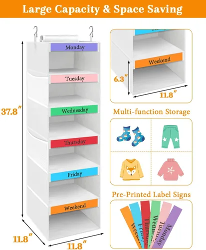 Vista 3 de punemi Organizador semanal de ropa para niños, 6 estantes colgantes con bolsillos laterales, diseño de días de la semana, 11.8 x 11.8 x 37.8