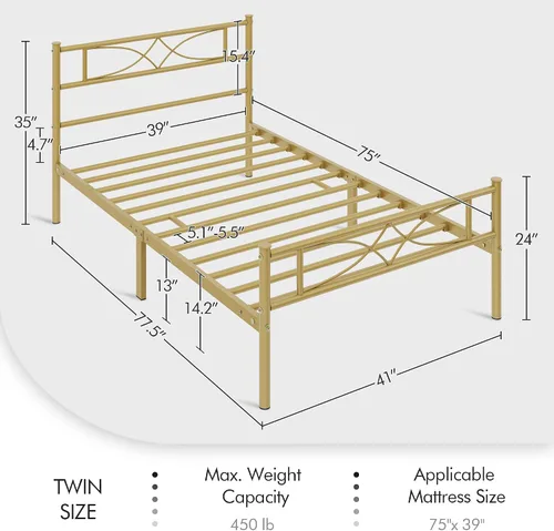 Vista 2 de Yaheetech Base de cama de metal individual, base de cama con plataforma, base de colchón con cabecera y estribo de diseño curvo, soporte resistente