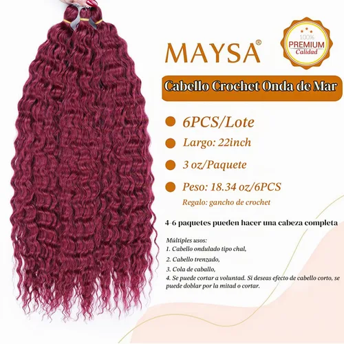 Vista 2 de MAYSA Extensiones de cabello ondulado con ganchillo Ocean Wave de 22 pulgadas, extensiones de cabello rizado de playa, 6 paquetes, extensiones de #