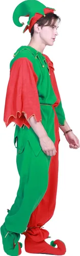 Vista 3 de EraSpooky Disfraces de elfo de Navidad para hombres, mujeres y adultos, traje de Papá Noel, vestido festivo, divertido fiesta de cosplay