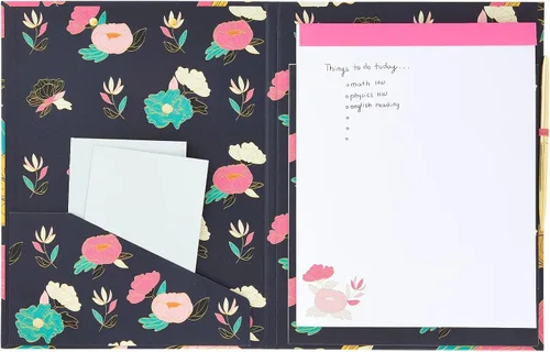 Vista 6 de Paper Junkie Carpeta portapapeles floral con bloc de notas y almacenamiento, 13 x 9 pulgadas, color negro clásico, clip de perfil bajo, bolsillo