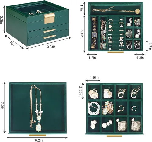 Vista 4 de Joyero organizador para mujer, 3 capas de piel sintética, caja de almacenamiento de joyas con tapa de cristal, regalo para personas, 3 cajones, gran