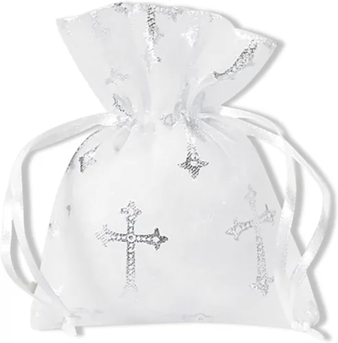Vista 7 de Needzo Bolsa de rosario de primera comunión, bolsa de regalo de organza con cruz católica para niñas y recuerdos de fiesta, 3 x 4 pulgadas