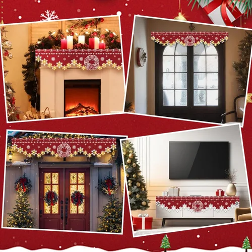 Vista 5 de Nuanchu Bufanda de mantel de Navidad de 96 x 18 pulgadas, bufanda roja iluminada para chimenea con decoración de corona de copo de nieve, cubierta