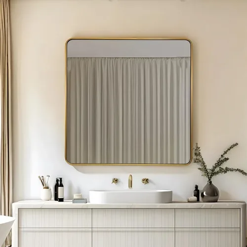 Vista 71 de Espejo de latón para baño, espejo rectangular redondeado de 22x30 pulgadas con marco de metal cepillado dorado, espejo de tocador de baño sin