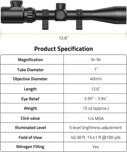 Vista 5 de CVLIFE Alcance del rifle 3-9x40, visor óptico iluminado rojo y verde, alcance del tubo de 1 pulgada para la caza con los soportes