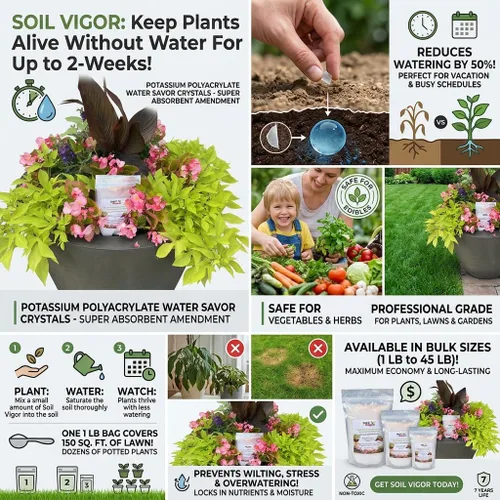 Vista 7 de Cristales de almacenamiento de agua (1 libra) – Hidrogel de polímero súper absorbente para jardines, césped y plantas en maceta, reduce el riego