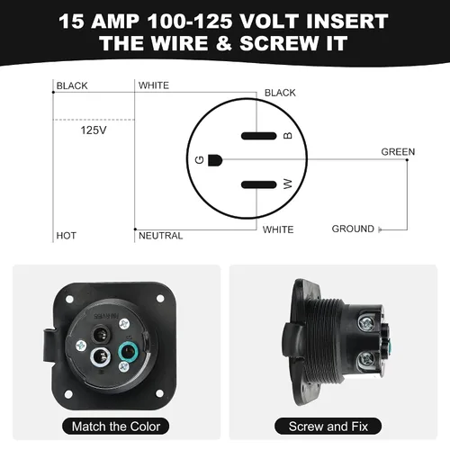 Vista 3 de Entrada con brida de 15 amperios, 125 V, enchufe de entrada de alimentación de orilla RV NEMA 5-15 con cubierta impermeable #2 poste de 3 cables