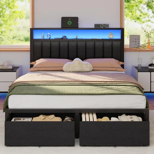Vista 10 de Furnulem Bases de Cama Individual con Estación de Carga y Luces LED, Cabecero Tapizado Gris con Estantes, Cama de Plataforma de Metal con 2