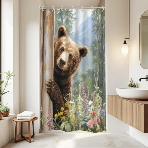 Vista 6 de Riyidecor Funny Brown Bear Shower Curtain for Bathroom Decor 60Wx72H Rustic Wooden Board Plank Animal Humorous Farmhouse Mountain Tree Art Printed