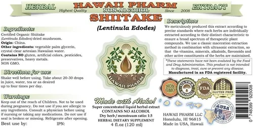 Vista 2 de Shiitake Extracto líquido sin alcohol, Shiitake orgánico (Lentinula Edodes) Suplemento herbario natural de glicerita de hongos secos, Hawaii Pharm