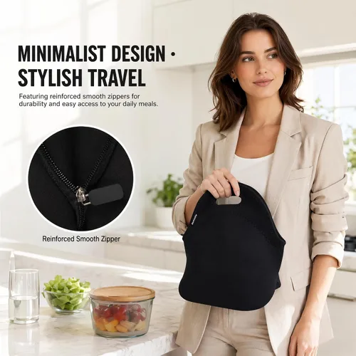 Vista 8 de Nevera de neopreno de Ambielly. Nevera con aislamiento para guardar la comida en un viaje, Negro Transportador de alimentos reutilizable
