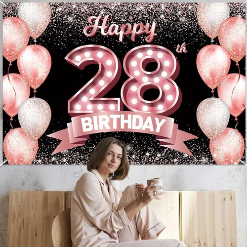 Vista 227 de Cartel de feliz cumpleaños décimo oro rosa, telón de fondo, saludos a 10 años, globos de confeti, decoración temática para niñas de 10 años