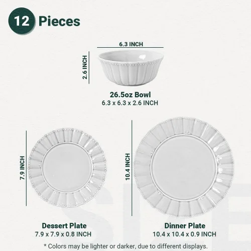 Vista 2 de HOMBENE Juego de vajilla, 12 piezas de platos y tazones para 4, juego de vajilla moderno de cerámica para fiesta, juego de vajilla de porcelana