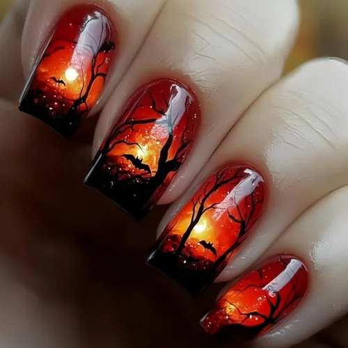 Vista 26 de Uñas postizas a presión para Halloween, cuadradas, cortas, con diseños de bosque lunar, uñas postizas con pegamento oscuro brillante en las uñas