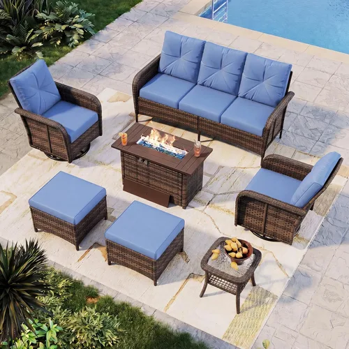 Vista 11 de Aoxun Juego de muebles de mimbre de ratán de 10 piezas con mesa para fogata Gris