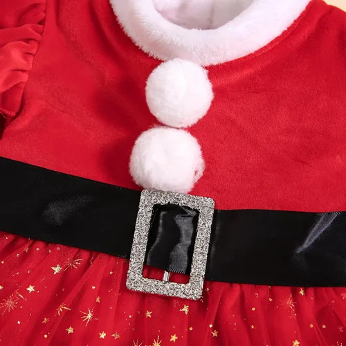 Vista 3 de Noubeau Trajes de Navidad para bebé niña con volantes, manga larga, túnica de Papá Noel, parte superior de terciopelo, pantalones acampanados