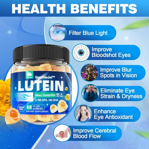 Vista 5 de Luteína 20 mg 40 mg y suplementos de zeaxantina para ojos, gomitas de luteína con Omega 3, azafrán, zinc, arándano y bayas de Goji para apoyo