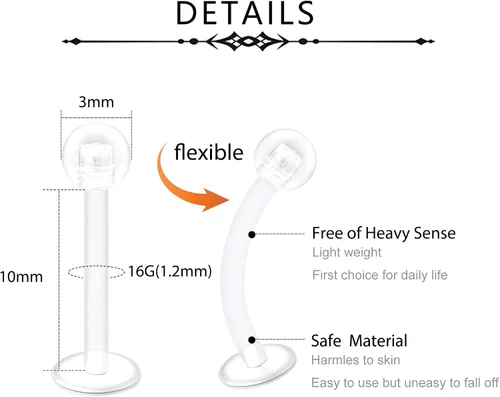 Vista 2 de D.Bella Aretes de cartílago transparente, 16 piezas de 0.63 oz de acrílico transparente Bioflex Tragus Retener, labio, nariz, labret oreja, hélice
