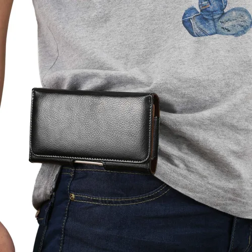 Vista 4 de Funda horizontal de cuero genuino para teléfono celular Samsung S10e, S9, S8, S7, S6 Edge, A40, A41, A5, J2 Core (2020), trabilla para cinturón