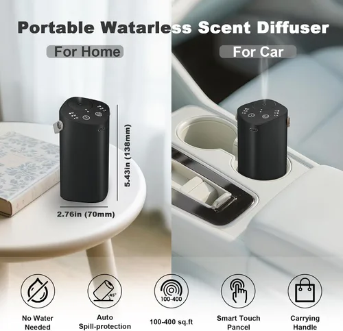 Vista 2 de Difusor de aceite esencial sin agua con asa, difusor de aroma para automóvil, hogar, oficina, baño, con temporizador, pequeño difusor de Negro