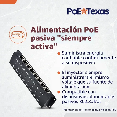 Vista 5 de PoE Texas Inyector PoE pasivo de 8 puertos, 48V 60W, 10/100