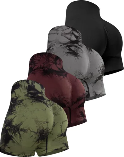 Vista 30 de CHRLEISURE Pantalones Cortos de Entrenamiento para Mujer, 4 Paquetes, Cintura Alta, Levantamiento de Glúteos con Fruncido, Pantalones Cortos Booty