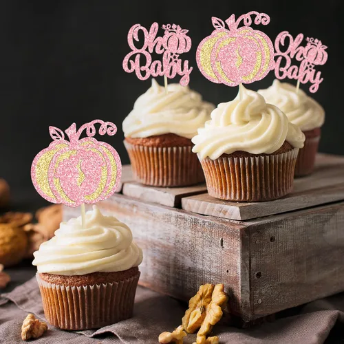 Vista 5 de Gyufise 24 adornos para cupcakes de calabaza rosa, decoración de pastel de baby shower, decoración para baby shower con temática de calabaza