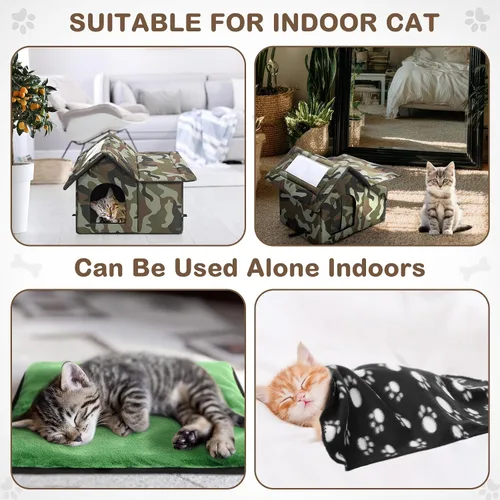 Vista 3 de Dansydaisy 3 Piezas Casa para Gatos de Exterior Impermeable de 21" x 18" con Puerta con Cortina, Almohadilla Autocalentable, Manta, Refugio Grande