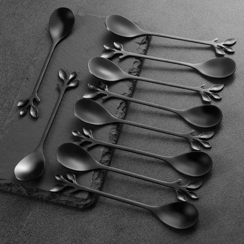Vista 5 de AnSaw Elegantes Cucharas de Café de Hoja Negra - 10 Piezas, 4.7" Mini Cucharas de Acero Inoxidable para Espresso y Postre, Perfectas para Demitasse