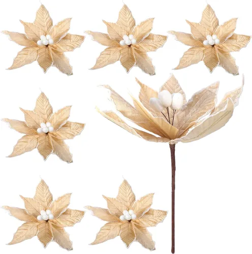 Vista 8 de Zeyune 6 Piezas Flores de Pascua Azules de Navidad Artificiales Grandes Espinas de Pascua Falsas Flores de Franela con Borde Helado para Adornos